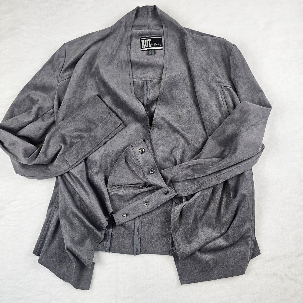 Kut from the Kloth Tayanita Faux Suede Drape Front Jacket Small Waterfall Collar